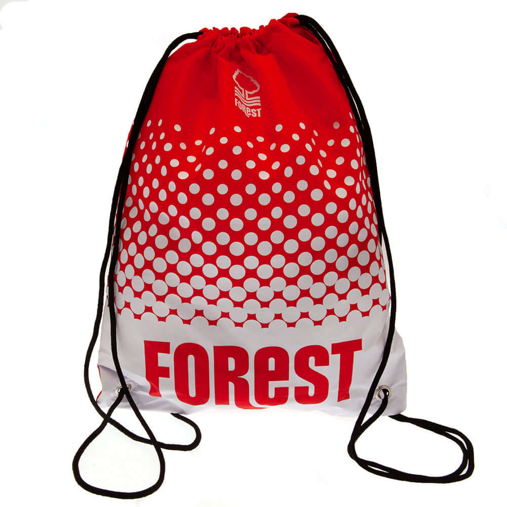 Nottingham Forest FC Fade Gym Bag LKT Sport Fade design gym bag featuring Forest text and club crestDrawstring close with metal eyeletsWipe clean polyesterOfficial licensed productApprox 44cm x 33cm flat Backpacks