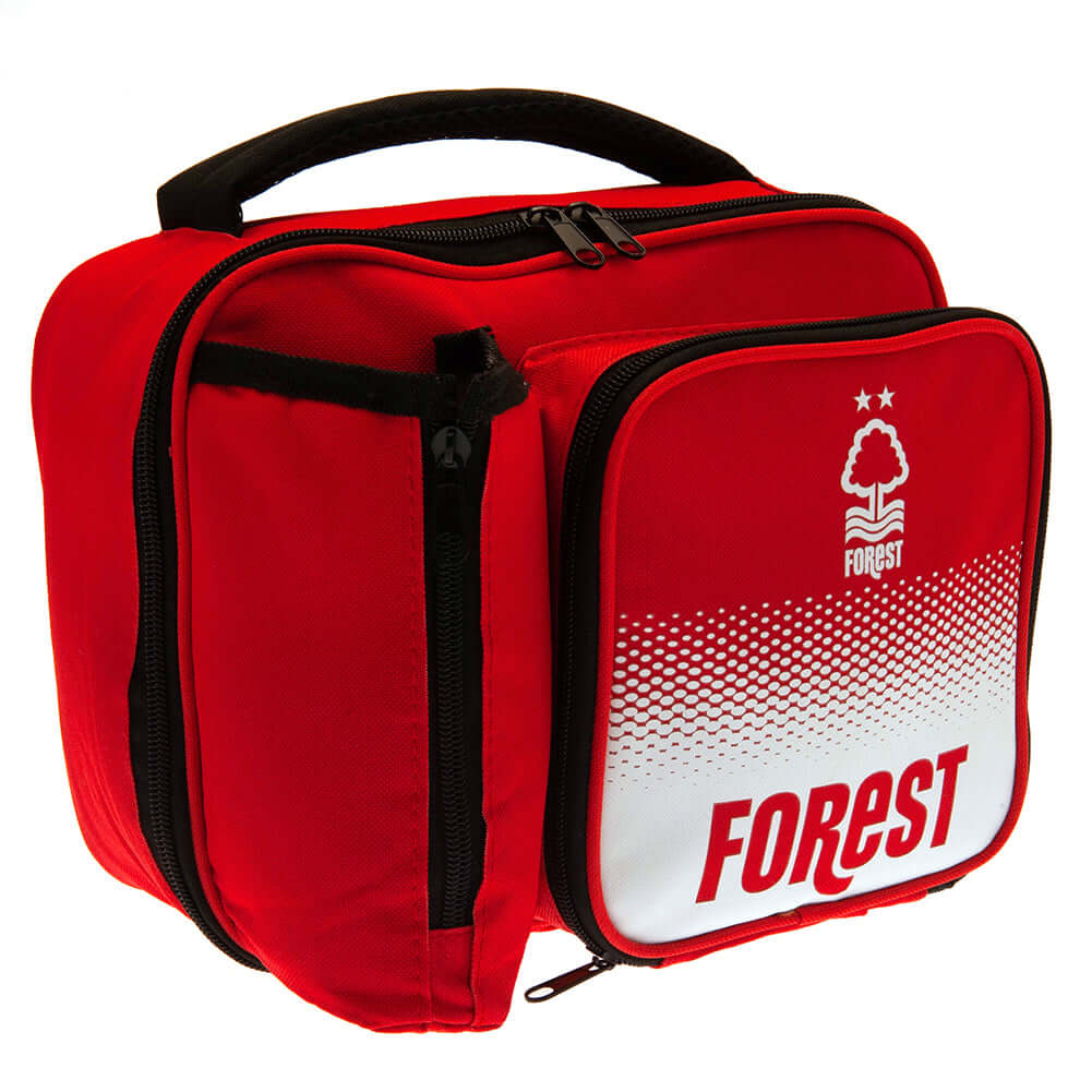 Nottingham Forest FC Fade Lunch Bag LKT Sport Fade design lunch bag featuring Forest text and a white club crestMain compartment has a double zipped opening for easy accessAdditional zipped front pocket and zipped bottle holderWith carry handleWipe clean
