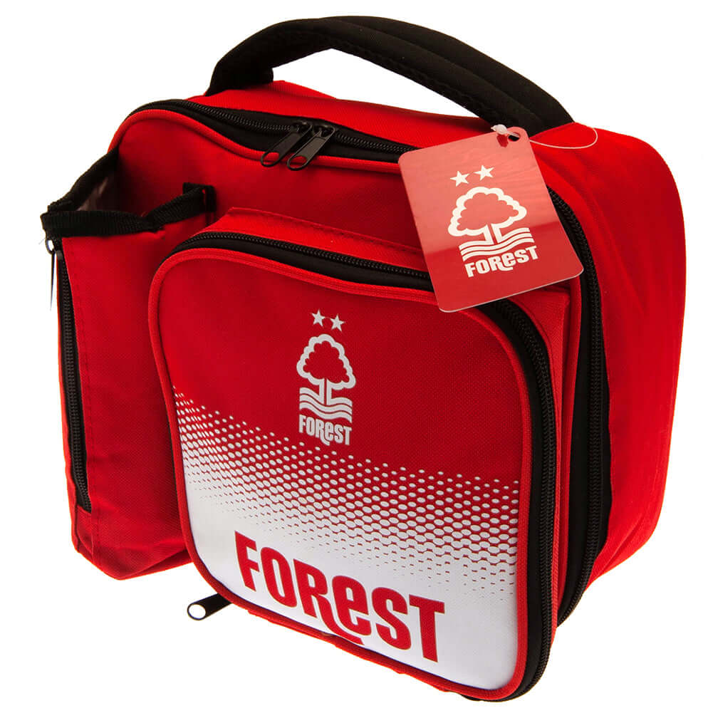Nottingham Forest FC Fade Lunch Bag LKT Sport Fade design lunch bag featuring Forest text and a white club crestMain compartment has a double zipped opening for easy accessAdditional zipped front pocket and zipped bottle holderWith carry handleWipe clean
