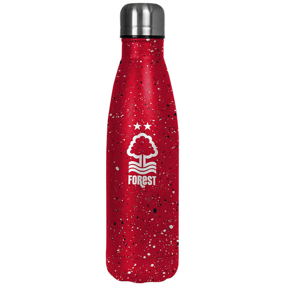 Nottingham Forest FC Paint Splatter Thermal Flask LKT Sport Stainless steel thermal vacuum flaskMaintains the temperature of your drink for up to 24hrsWith a screw top lidRed bottle with a paint splatter design featuring a full colour Forest crestOfficial Main image