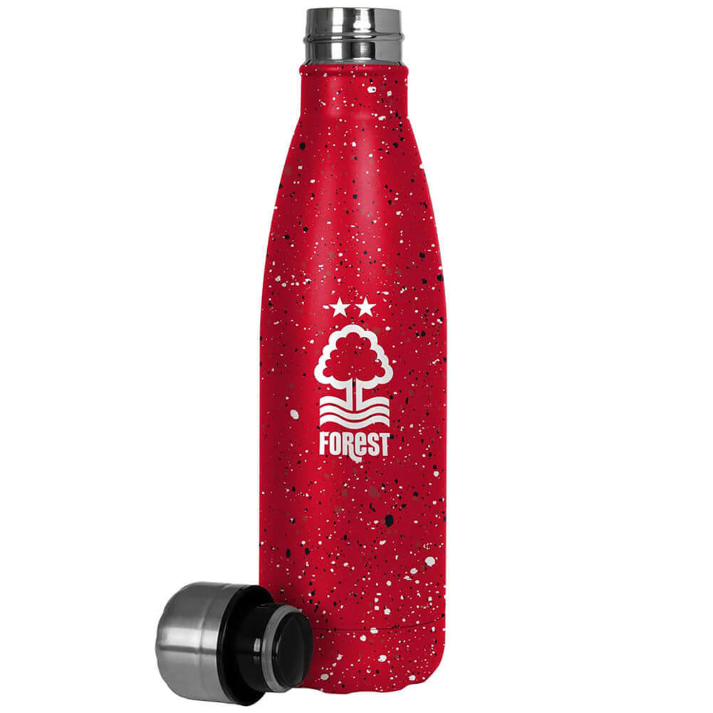 Nottingham Forest FC Paint Splatter Thermal Flask LKT Sport Stainless steel thermal vacuum flaskMaintains the temperature of your drink for up to 24hrsWith a screw top lidRed bottle with a paint splatter design featuring a full colour Forest crestOfficial