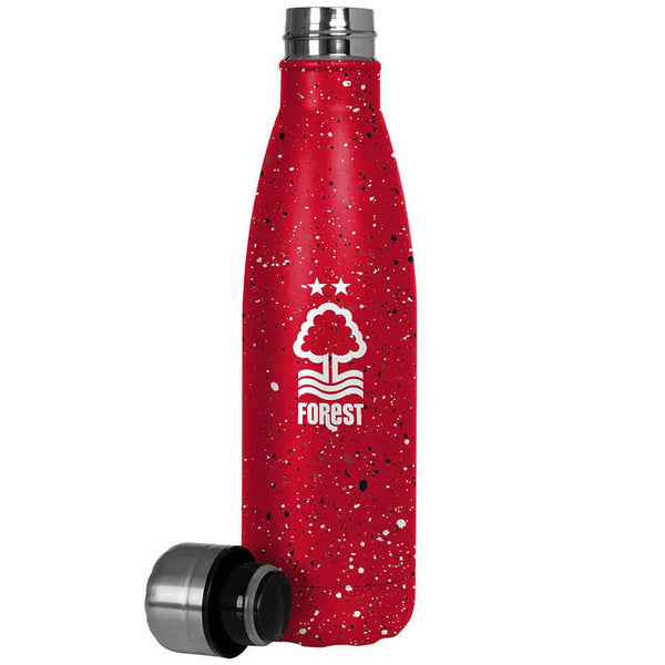 Nottingham Forest FC Paint Splatter Thermal Flask LKT Sport Stainless steel thermal vacuum flaskMaintains the temperature of your drink for up to 24hrsWith a screw top lidRed bottle with a paint splatter design featuring a full colour Forest crestOfficial