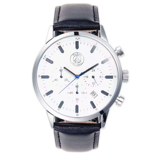 Paris Saint Germain FC Mens Chronograph Watch LKT Sport Classic mens white watch with a silver casing and a genuine leather black strapFeaturing a full colour PSG crest on the watch faceWith indexes in relief, a black luminous hour and minute hand with th