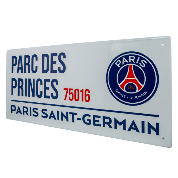 Paris Saint Germain FC White Street Sign LKT Sport Gloss finish design stamped metal wall signParc Des Princes 75016 road sign, the home of Paris Saint Germain FC on a white backgroundReady to hang on the wall with four small holes for fixingOfficial lice