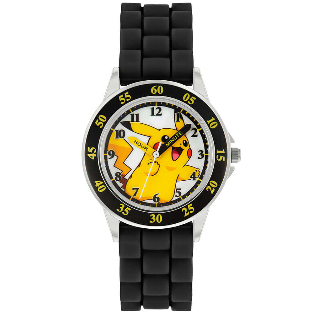 Pokemon Junior Time Teacher Watch Pikachu LKT Sport Junior analogue watch with easy read numbers and time teacher handsFeaturing a Pikachu dial in metal casingSilicone strap with traditional buckle fasteningManufacturer's 1 year guaranteeOfficial licensed