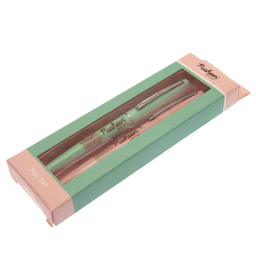 Pusheen 2pk Pen Set LKT Sport Satin finish colourful ballpoint click pensMint green and pink each featuring Pusheen the catWrite in black inkOfficial licensed productBoth approx 14cm Ballpoint Pens