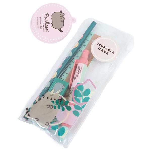 Pusheen 5pc Stationery Set LKT Sport Everyday 5 piece stationery setPretty pastel coloured, botanical themed Pusheen stationery set1 x Ballpoint click pen1 x Drawing pencil1 x Ruler1 x Shaped eraser1 x Pencil sharpenerOfficial licensed product Stationery