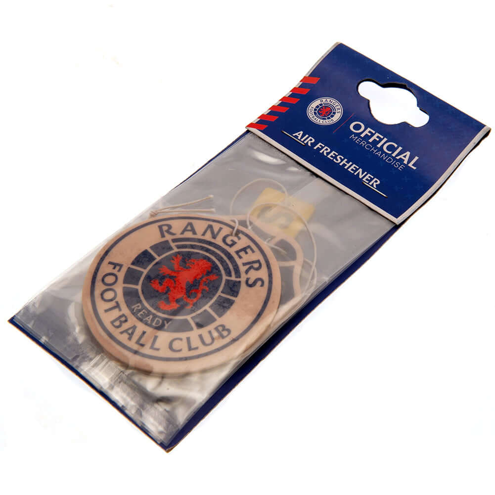 Rangers FC 3pk Air Freshener LKT Sport Multipack of vibrant colour long lasting air freshenersFeaturing Rangers crest, classic home kit and number plate designsEach air freshener has an elasticated loop and is individually wrappedOfficial licensed product