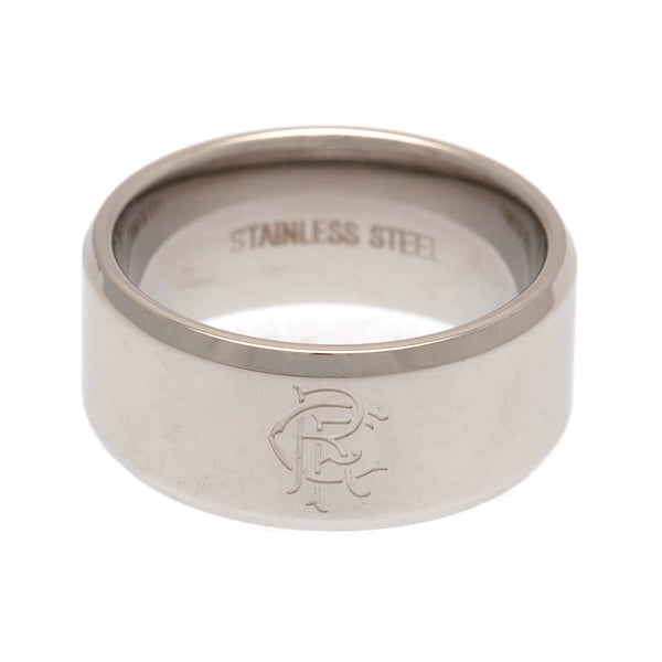 Rangers FC Band Ring Large LKT Sport Classic stainless steel band ring with a bevelled edgeChrome finish and engraved with the Rangers club crestOfficial licensed productInternal diameter approx 21mmRing size X Rings