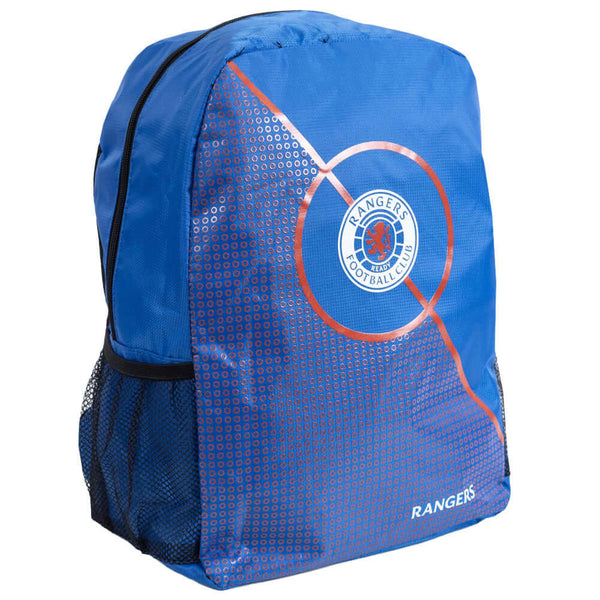Rangers FC Centre Spot Backpack LKT Sport Centre spot design backpack with a Rangers club crestPadded back panel for comfort with adjustable shoulder straps and a carry strapMain compartment has a large double zipped opening for easy accessFront zipped po