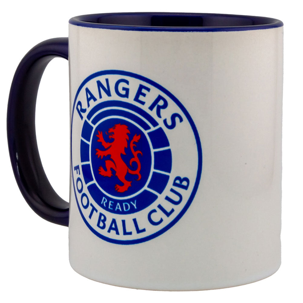 Rangers FC Colour Mug LKT Sport Ceramic everyday coffee mugFeatures the Rangers logo on a white background with a blue innerGlazed kiln fired finish with full colour handleOfficial licensed productApprox 315ml (11oz)Approx 9cm tall, 8cm in diameter Mugs