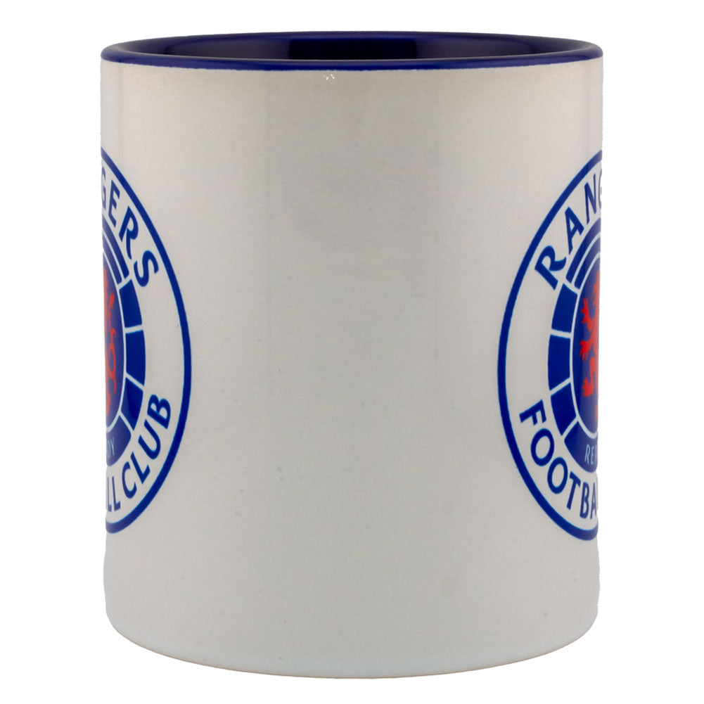 Rangers FC Colour Mug LKT Sport Ceramic everyday coffee mugFeatures the Rangers logo on a white background with a blue innerGlazed kiln fired finish with full colour handleOfficial licensed productApprox 315ml (11oz)Approx 9cm tall, 8cm in diameter Mugs