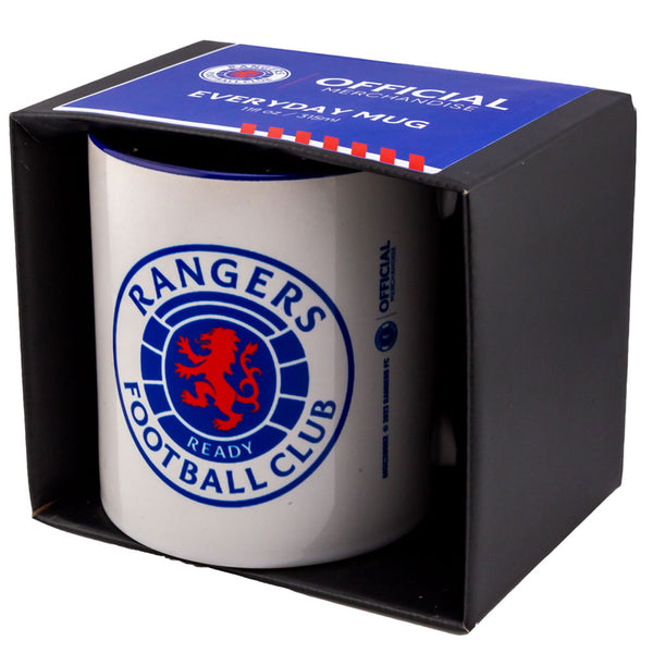 Rangers FC Colour Mug LKT Sport Ceramic everyday coffee mugFeatures the Rangers logo on a white background with a blue innerGlazed kiln fired finish with full colour handleOfficial licensed productApprox 315ml (11oz)Approx 9cm tall, 8cm in diameter Mugs