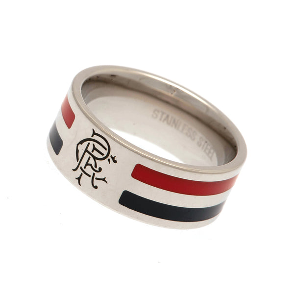 Rangers FC Colour Stripe Ring Large LKT Sport Stainless steel ring featuring green and white colour insertsChrome finish and engraved with the Rangers crestOfficial licensed productInternal diameter approx 21mmRing size X Rings