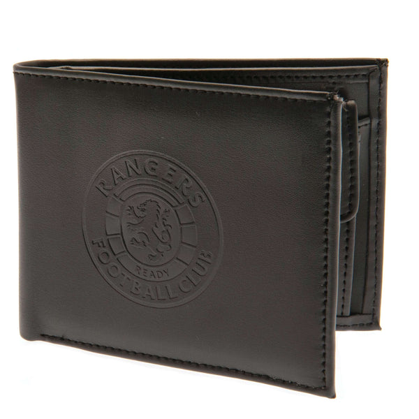 Rangers FC Debossed Wallet LKT Sport Black PU wallet featuring a large debossed club crest3 card slots and 2 note pocketsChange pocket with secure stud fastener2 additional compartmentsOfficial licensed productApprox 11cm x 9cm Wallets