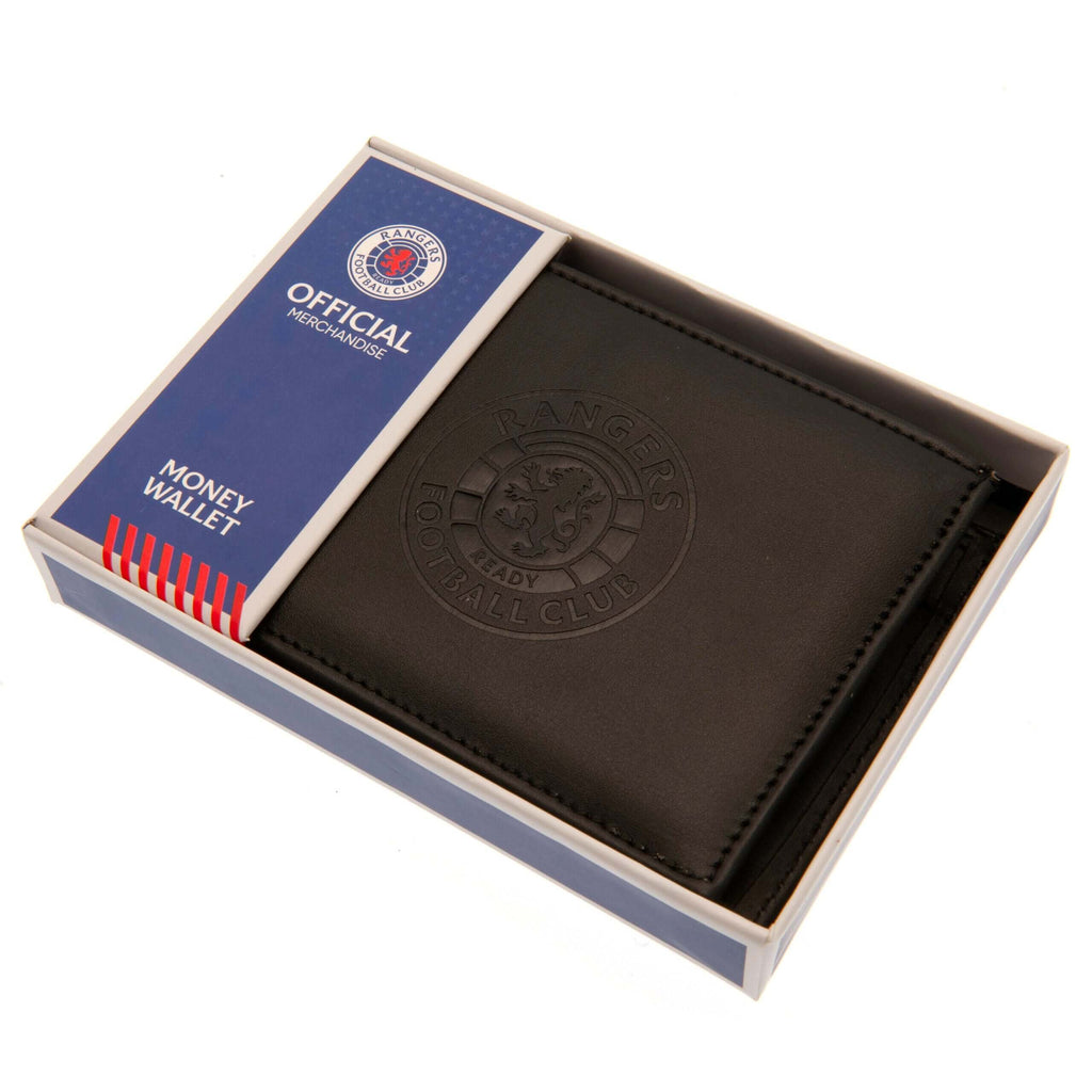 Rangers FC Debossed Wallet LKT Sport Black PU wallet featuring a large debossed club crest3 card slots and 2 note pocketsChange pocket with secure stud fastener2 additional compartmentsOfficial licensed productApprox 11cm x 9cm Wallets