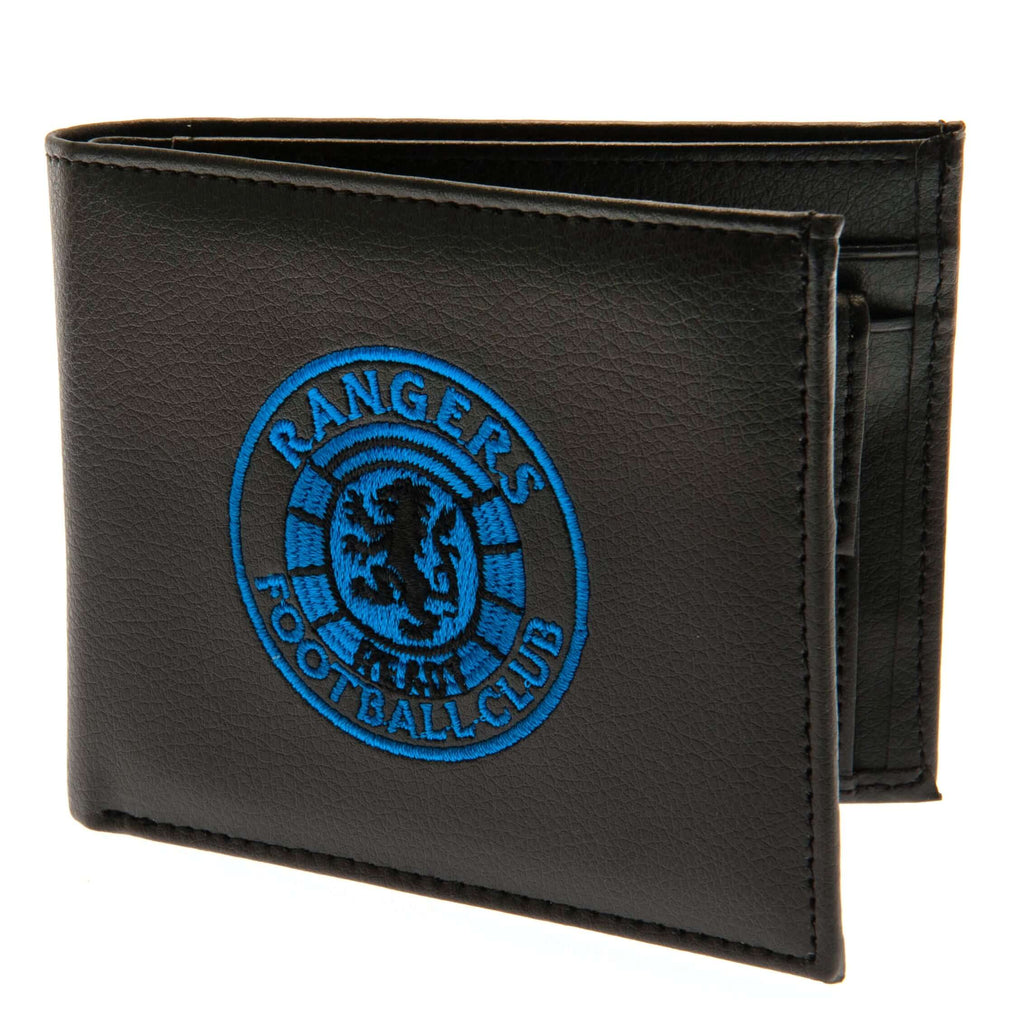 Rangers FC Embroidered Wallet LKT Sport Black PU wallet featuring a large embroidered club crest3 card slots, 1 window slot and 2 note pocketsChange pocket with secure stud fastener2 additional compartmentsOfficial licensed productApprox 11cm x 9cm Wallet