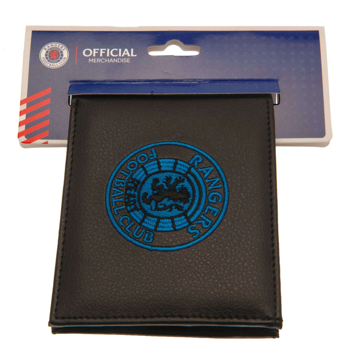 Rangers FC Embroidered Wallet LKT Sport Black PU wallet featuring a large embroidered club crest3 card slots, 1 window slot and 2 note pocketsChange pocket with secure stud fastener2 additional compartmentsOfficial licensed productApprox 11cm x 9cm Wallet
