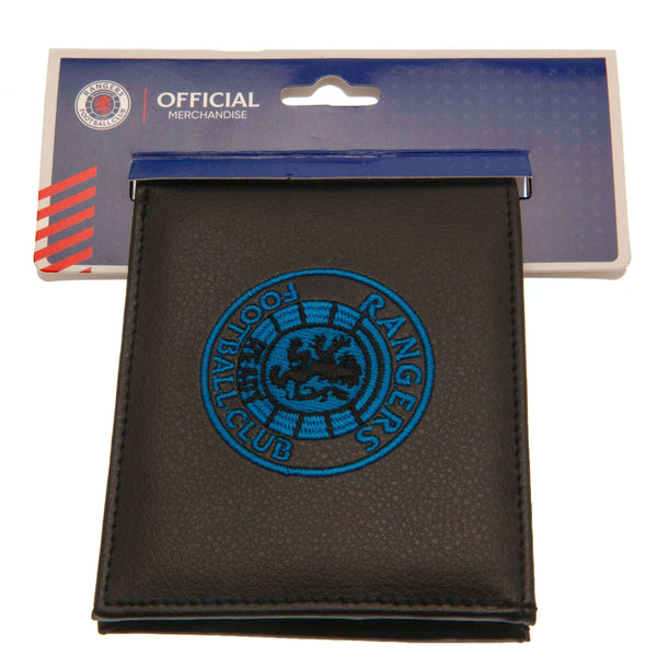 Rangers FC Embroidered Wallet LKT Sport Black PU wallet featuring a large embroidered club crest3 card slots, 1 window slot and 2 note pocketsChange pocket with secure stud fastener2 additional compartmentsOfficial licensed productApprox 11cm x 9cm Wallet