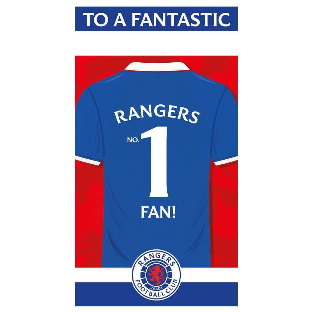 Rangers FC FC Personalised Birthday Card LKT Sport Vibrant gloss finish birthday cardFeaturing a large Rangers No.1 Fan shirtIncludes any family relation stickers for the front of the cardMessage inside reads 'Hope you have a great birthday!'Official lice