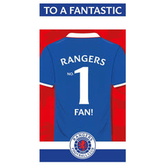 Rangers FC FC Personalised Birthday Card LKT Sport Vibrant gloss finish birthday cardFeaturing a large Rangers No.1 Fan shirtIncludes any family relation stickers for the front of the cardMessage inside reads 'Hope you have a great birthday!'Official lice
