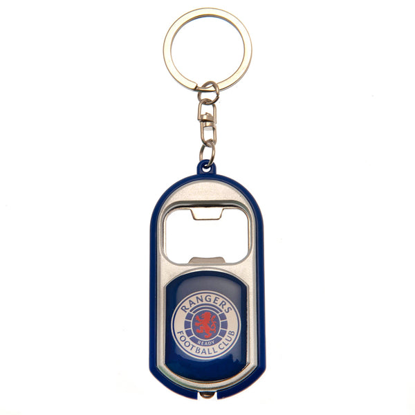 Rangers FC Keyring Torch Bottle Opener LKT Sport Plastic club crested keyringWith a bottle opener functionIncludes a battery powered torchOfficial licensed productApprox 7cm x 3cm Noise Makers