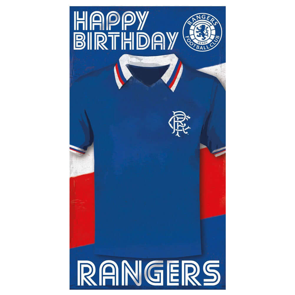 Rangers FC Shirt Birthday Card LKT Sport Vibrant gloss finish birthday cardFeaturing a large retro style Rangers shirt on the frontMessage inside reads 'Have a great day!'Official licensed productApprox 22cm x 12cm Greeting Cards
