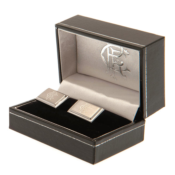 Rangers FC Stainless Steel Cufflinks LKT Sport Stainless steel rectangular cufflinks in a brushed satin finishEach cufflink is engraved with the Rangers scroll crestOn a bullet back fixingOfficial licensed productApprox 20mm x 10mm Cufflinks