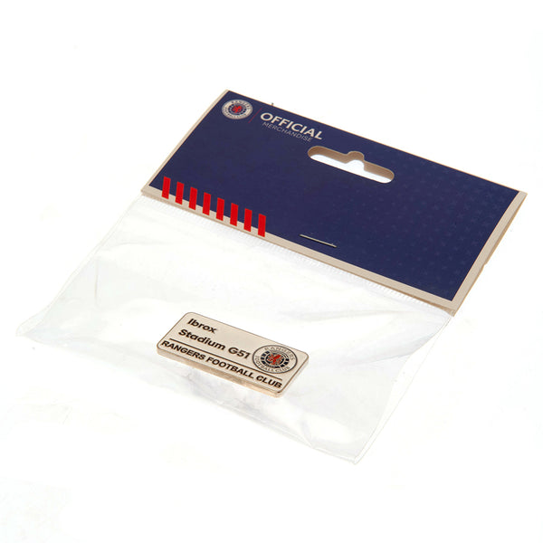 Rangers FC Street Sign Badge LKT Sport Metal street sign design pin badgeDie stamped design with full colour enamel infillWith butterfly clasp fixingsMetal alloy with silver style finishOfficial licensed productApprox 40mm x 20mm Pins