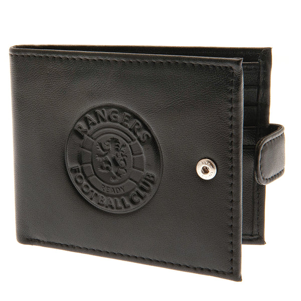Rangers FC rfid Anti Fraud Wallet LKT Sport Black leather wallet with RFID anti fraud technologyFeatures a large debossed club crest and secure stud fastener3 card slots and a window compartment2 note compartments1 additional compartmentOfficial licensed