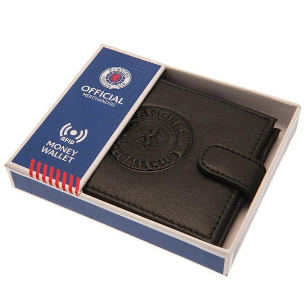 Rangers FC rfid Anti Fraud Wallet LKT Sport Black leather wallet with RFID anti fraud technologyFeatures a large debossed club crest and secure stud fastener3 card slots and a window compartment2 note compartments1 additional compartmentOfficial licensed