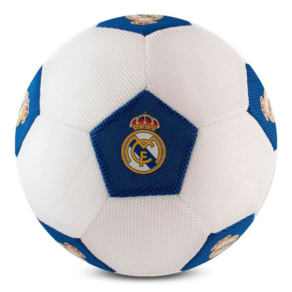 Real Madrid CF 14" Mesh Ball LKT Sport White and blue 14 inch mesh ball featuring full colour Real Madrid crestsLightweight, safe and soft designThis massive mesh ball brings Real Madrid spirit to your garden games for kidsOfficial licensed productApprox Main image