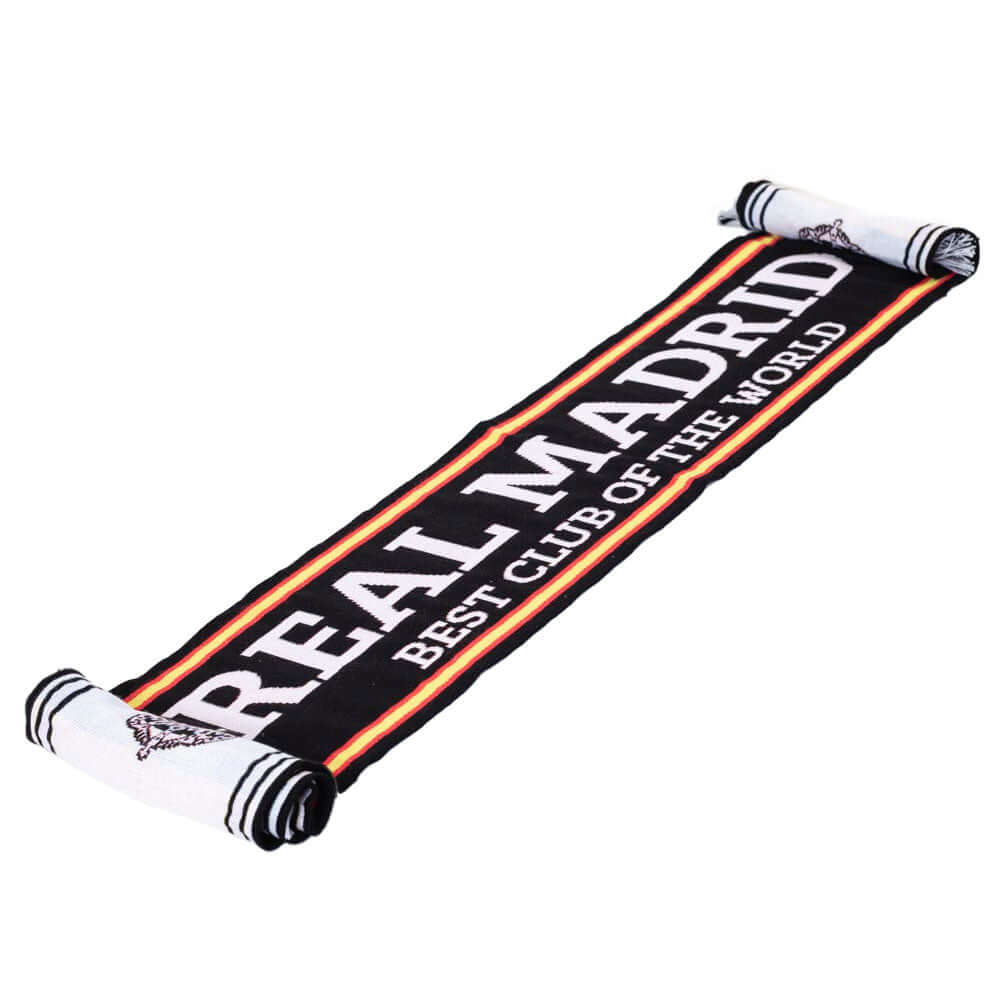 Real Madrid CF Black Scarf LKT Sport Black woven scarf with red and yellow stripe detail and a black and white fringeFeatures Real Madrid and Best Club In The World textOfficial licensed productApprox 136cm x 19cm Scarves