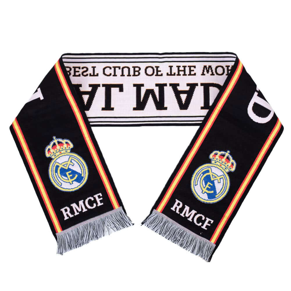 Real Madrid CF Black Scarf LKT Sport Black woven scarf with red and yellow stripe detail and a black and white fringeFeatures Real Madrid and Best Club In The World textOfficial licensed productApprox 136cm x 19cm Scarves