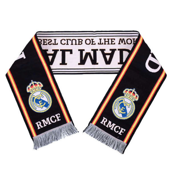 Real Madrid CF Black Scarf LKT Sport Black woven scarf with red and yellow stripe detail and a black and white fringeFeatures Real Madrid and Best Club In The World textOfficial licensed productApprox 136cm x 19cm Scarves