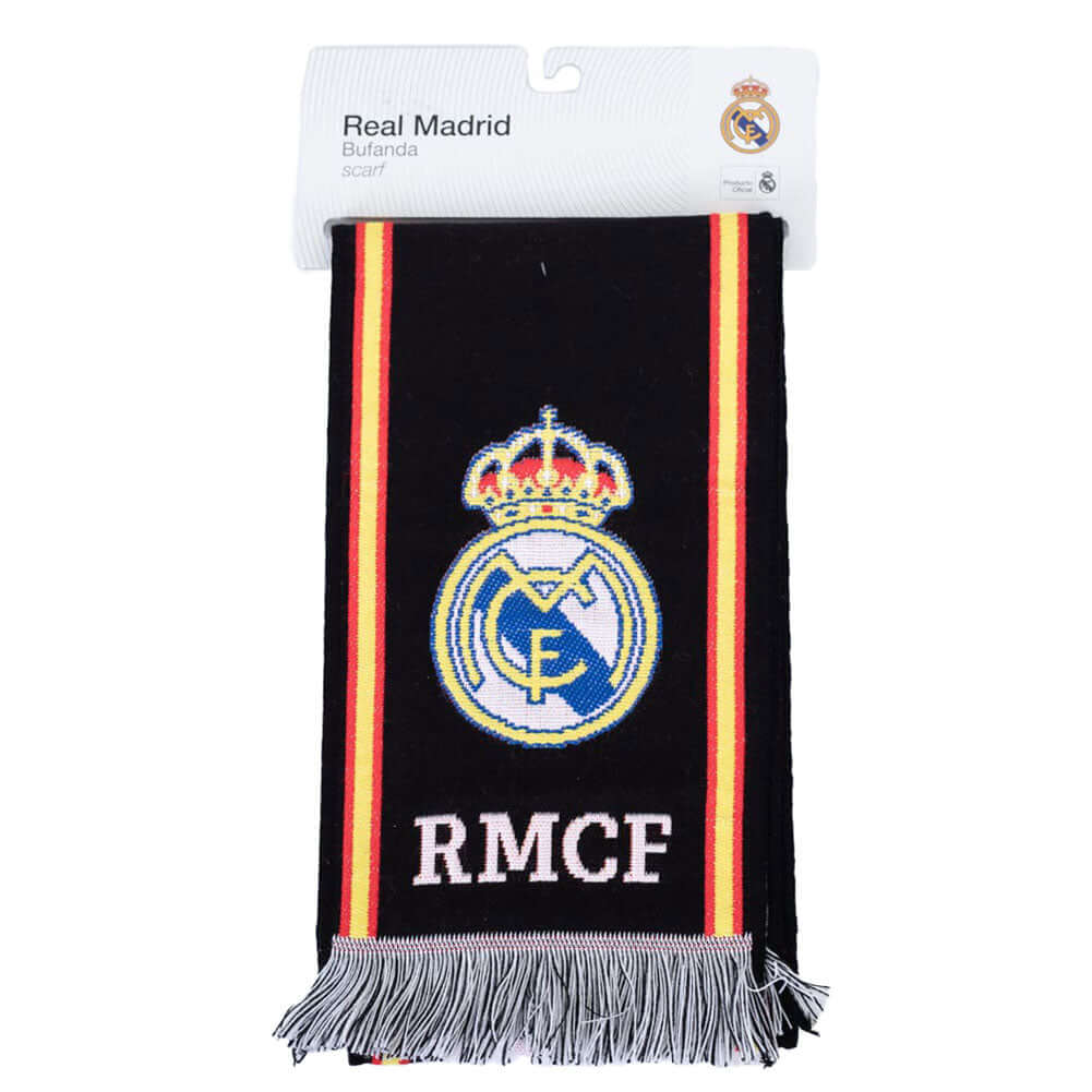 Real Madrid CF Black Scarf LKT Sport Black woven scarf with red and yellow stripe detail and a black and white fringeFeatures Real Madrid and Best Club In The World textOfficial licensed productApprox 136cm x 19cm Scarves
