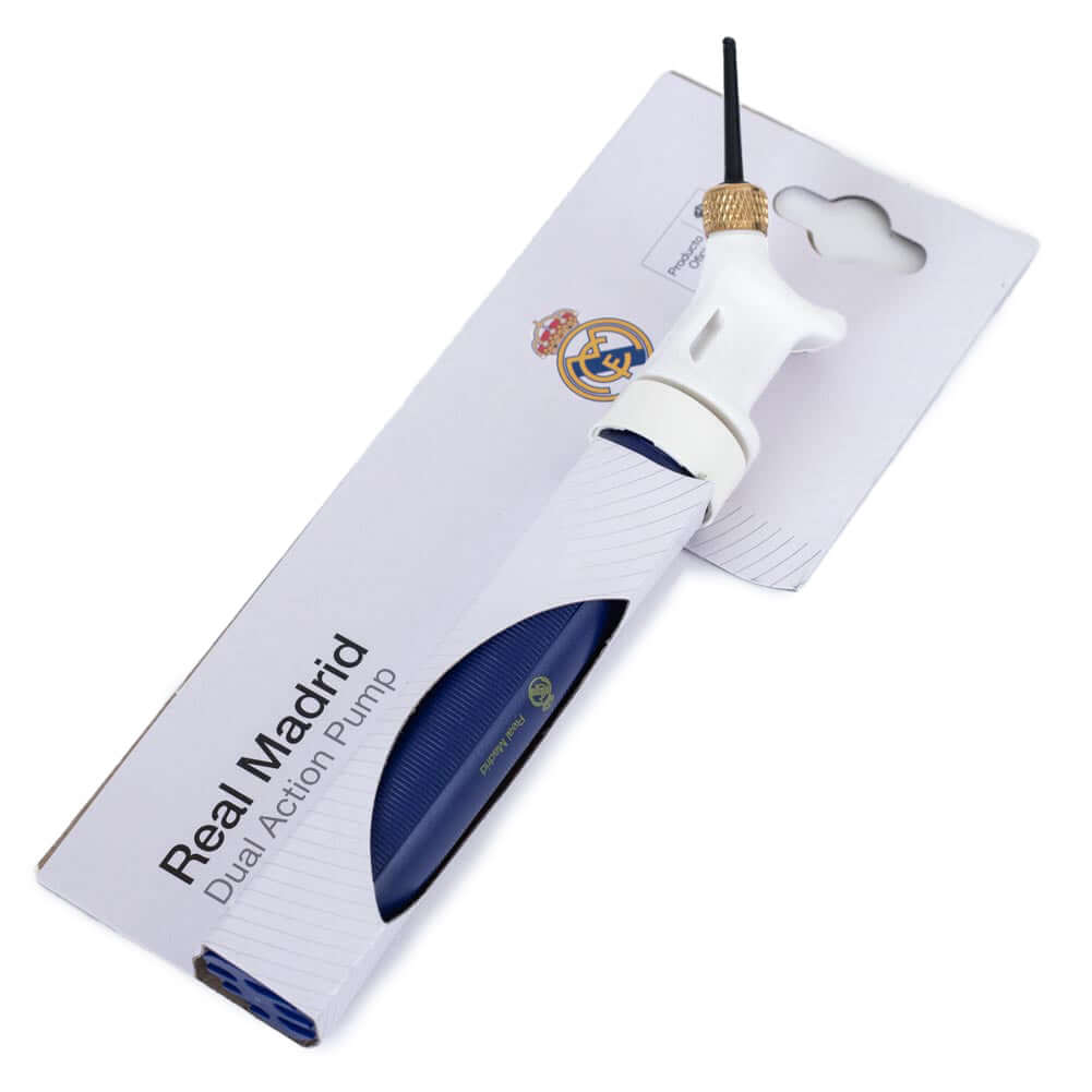 Real Madrid CF Blue Dual Action Football Pump LKT Sport Mini, dual action hand pumpComes complete with needleOfficial licensed productApprox 19cm Ball Pump Accessories