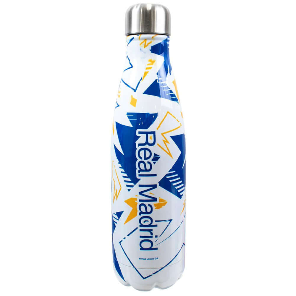 Real Madrid CF Fragment Thermal Flask LKT Sport Stainless steel thermal vacuum flaskMaintains the temperature of your drink for up to 24hrsWith a screw top lidWhite bottle with a blue and yellow fragment pattern and Real Madrid crestOfficial licensed prod