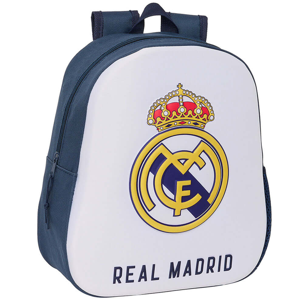 Real Madrid CF Junior Backpack LKT Sport White and navy 3D backpack featuring a full colour club crest and Real Madrid textMain compartment has a large double zipped opening for easy accessPadded adjustable shoulder straps and a carry handleAdditional mes