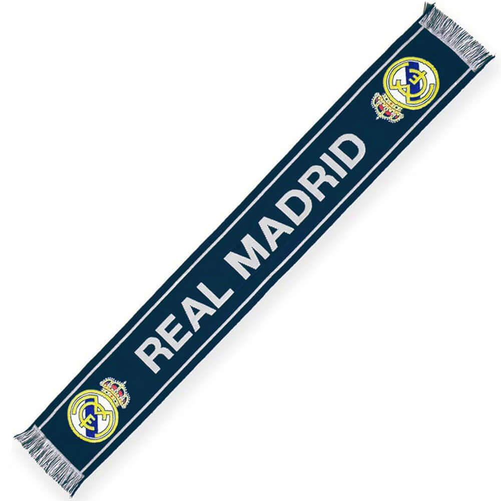 Real Madrid CF Navy Scarf LKT Sport Navy woven scarf with white stripe detail and black and white fringeFeatures REAL MADRID text across the centre and a full colour club crest at either endOfficial licensed productApprox 136cm x 19cm Scarves
