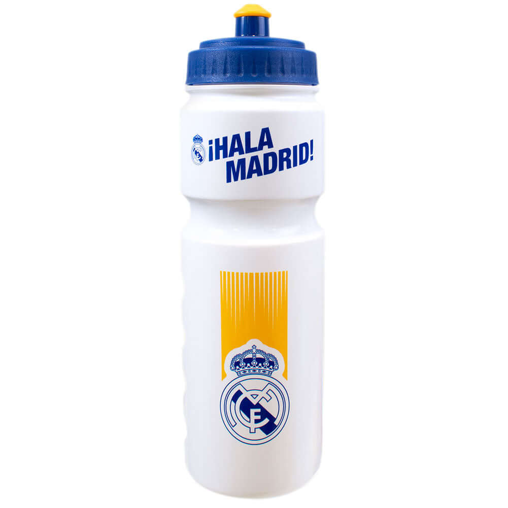 Real Madrid CF Plastic Drinks Bottle LKT Sport Easy grip lightweight drinks bottleWhite stripe design bottle with the Madrid crest in navyFeatures 'Hala Madrid' text in navyWith a screw top lid and push-pull drinking spoutOfficial licensed productApprox 7 Hauptbild