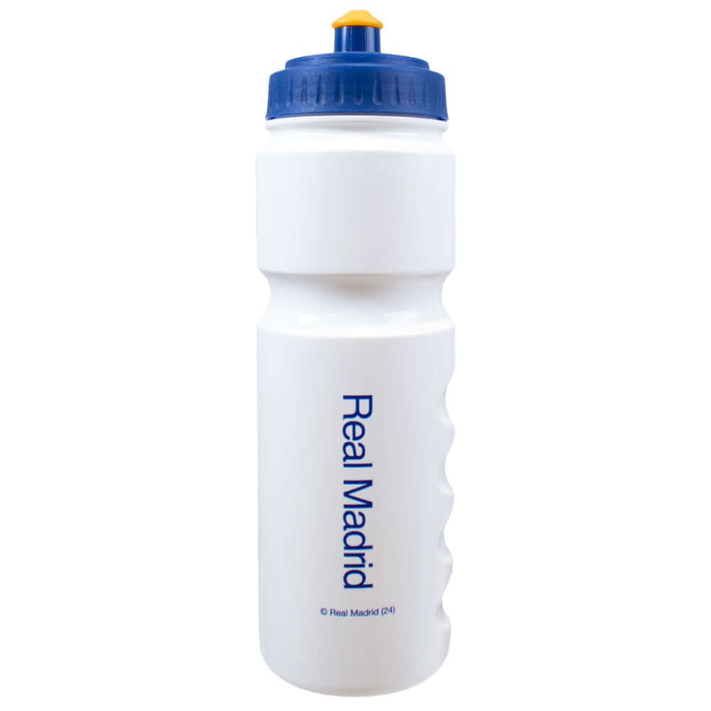 Real Madrid CF Plastic Drinks Bottle LKT Sport Easy grip lightweight drinks bottleWhite stripe design bottle with the Madrid crest in navyFeatures 'Hala Madrid' text in navyWith a screw top lid and push-pull drinking spoutOfficial licensed productApprox 7