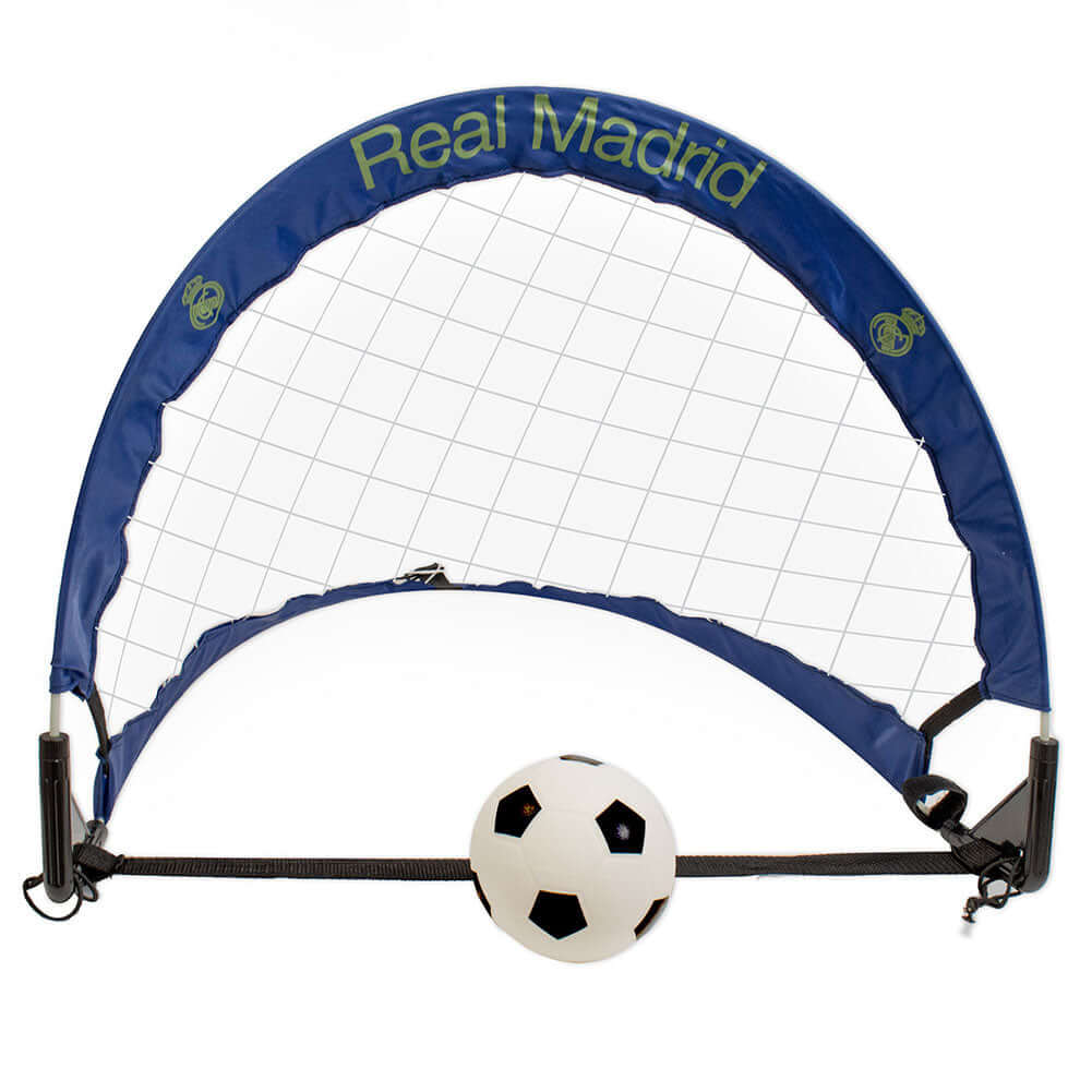 Real Madrid CF Skill Goal Set LKT Sport Fantastic football goal set for the garden2 x blue foldable goals with Madrid crest and textComes with a 4 inch football, hand pump and ground pegsComplete with a hand carry bagOfficial licensed productGoals approx Main image