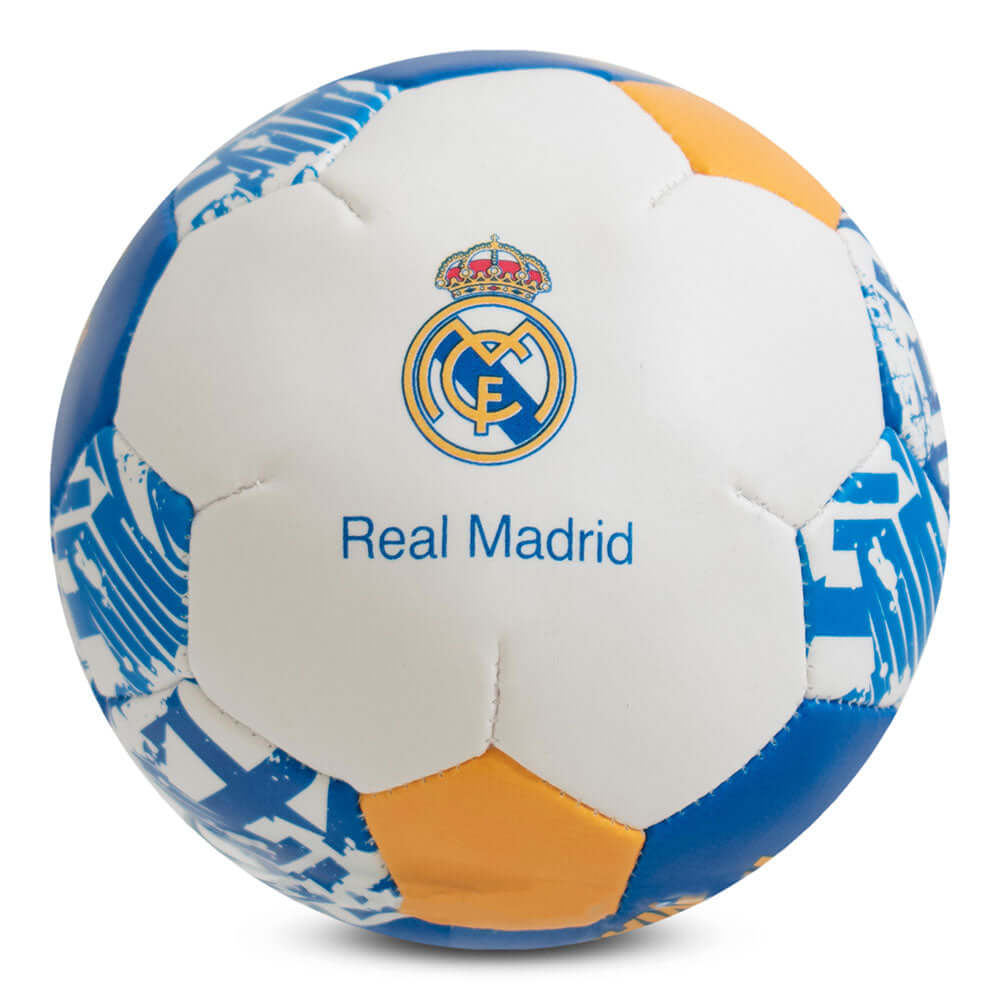 Real Madrid FC 4 inch Soft Ball LKT Sport Textured mini soft ball, ideal for indoor practiceWhite, blue and yellow ball featuring the Real Madrid crestSoft vinyl cover with polyester stuffingOfficial licensed productApprox 10cm in diameter Playground Ball