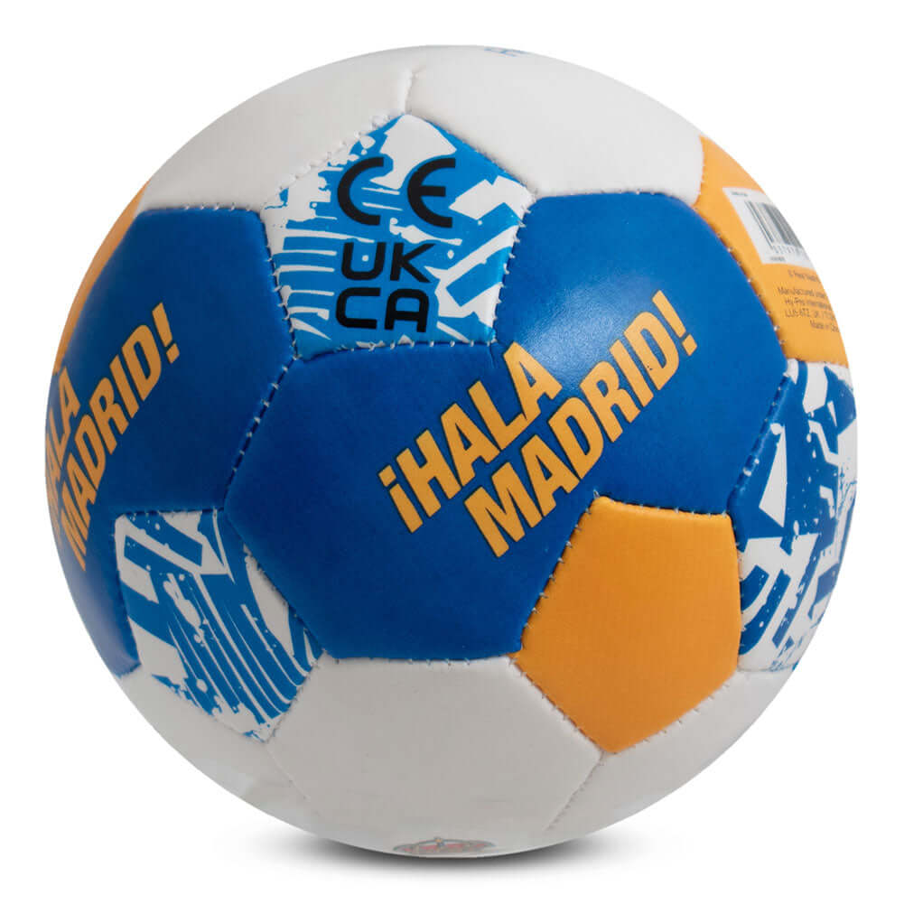 Real Madrid FC 4 inch Soft Ball LKT Sport Textured mini soft ball, ideal for indoor practiceWhite, blue and yellow ball featuring the Real Madrid crestSoft vinyl cover with polyester stuffingOfficial licensed productApprox 10cm in diameter Playground Ball