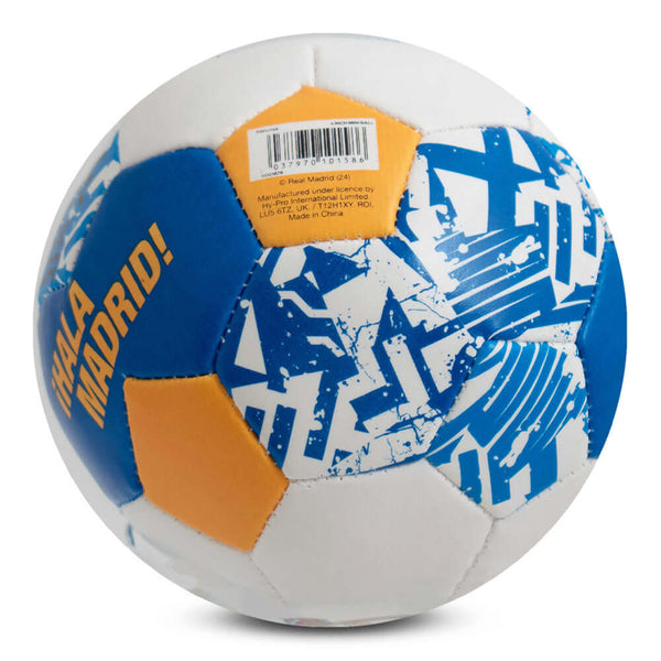 Real Madrid FC 4 inch Soft Ball LKT Sport Textured mini soft ball, ideal for indoor practiceWhite, blue and yellow ball featuring the Real Madrid crestSoft vinyl cover with polyester stuffingOfficial licensed productApprox 10cm in diameter Playground Ball