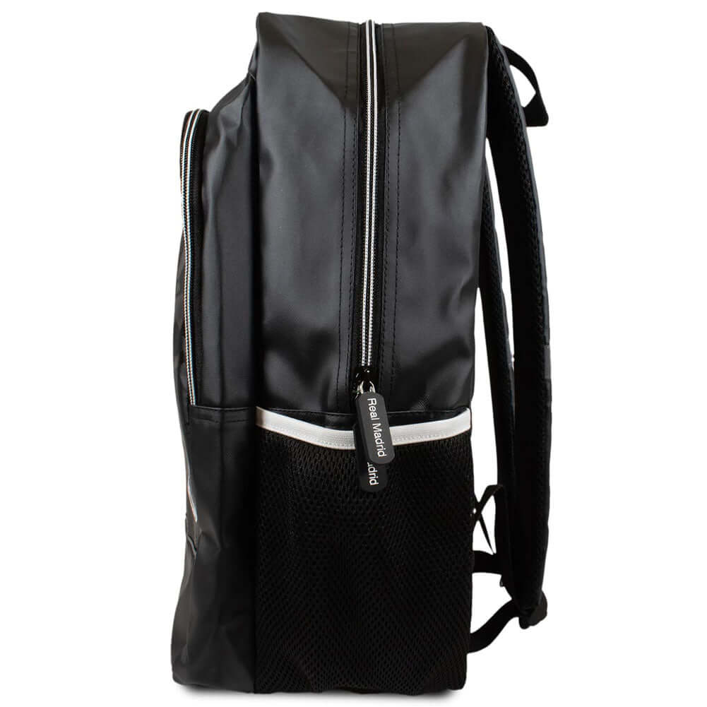 Real Madrid FC Commuter Backpack LKT Sport Stylish black backpack featuring a white Real Madrid crestPadded back panel for comfort with adjustable shoulder straps and double carry strapsMain compartment has a large double zipped opening for easy access2 m