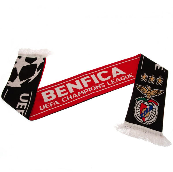 SL Benfica Scarf LKT Sport Red and black reversible jacquard knit scarf with white fringe Red side has Benfica UEFA Champions League text in white and full colour club crest Black side has UEFA Champions League Benfica text in white and full colour club c