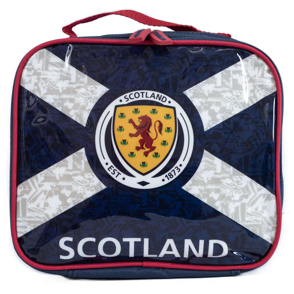 Scottish FA Lunch Bag LKT Sport Navy blue Scotland FA lunchbag featuring Scotland text and a full colour Scotland crestDouble zipped opening for easy accessRubber zip pulls featuring raised Scotland detailInternal elastic bottle holderWith carry handleOff