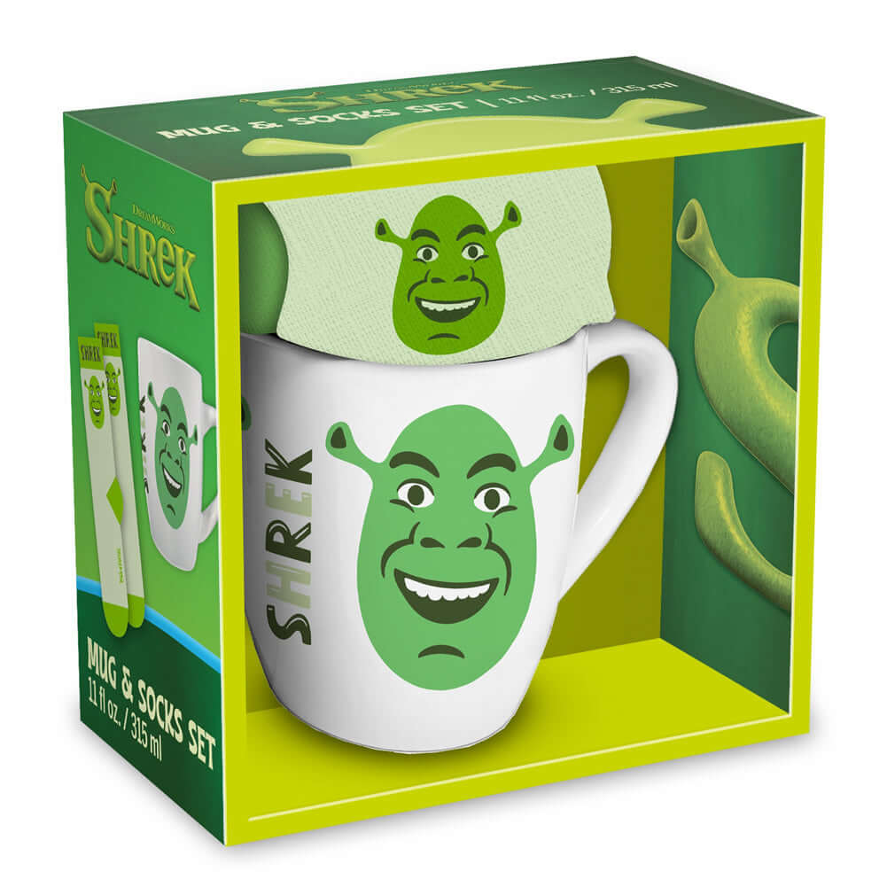 Shrek Mug & Sock Set LKT Sport Classic mug and sock gift setFeaturing Shreks face on a white backgroundWhite mug and socks set featuring the face of ShrekOfficial licensed productMug approx 315ml (11oz)Socks size 3-8 UK (36-41) EU Mugs